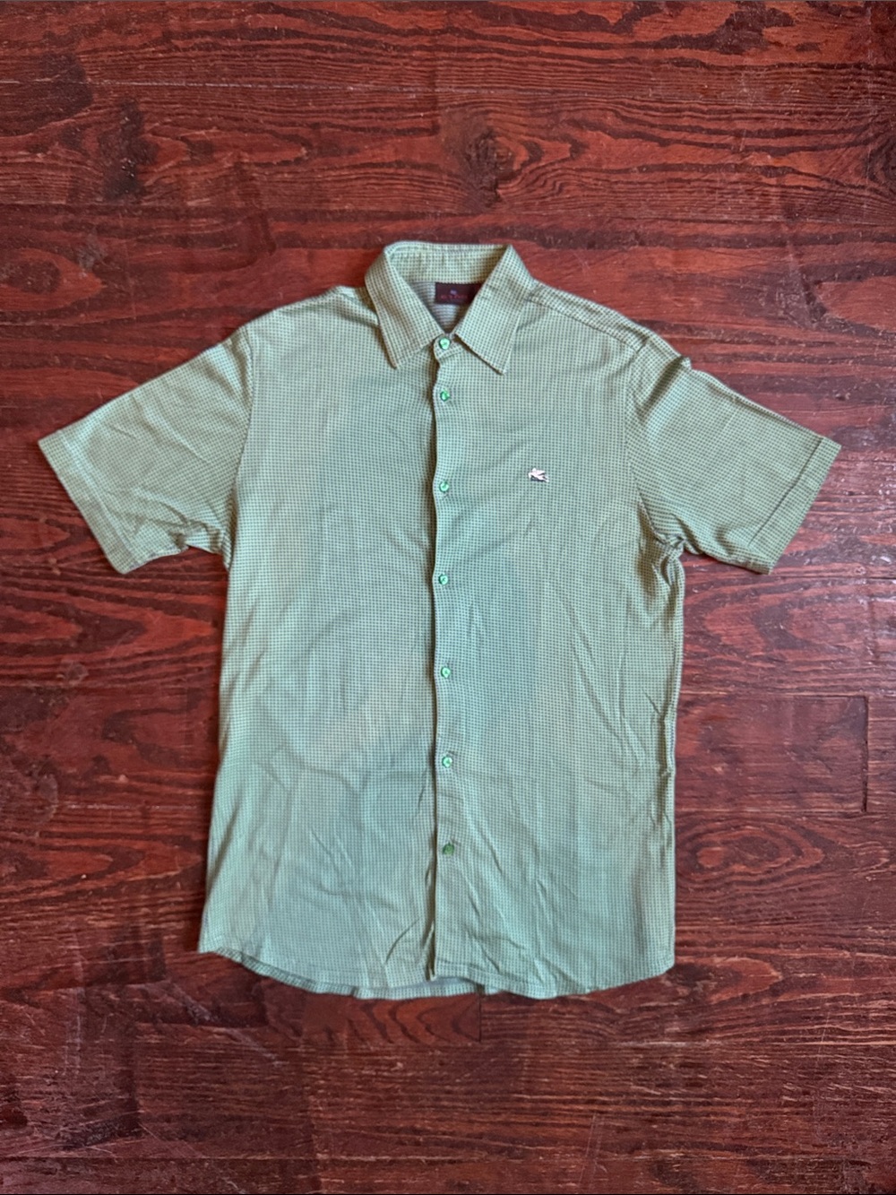 Etro Green & Blue Check Short Sleeve Button-Up Slim Shirt Size L - Made In Italy